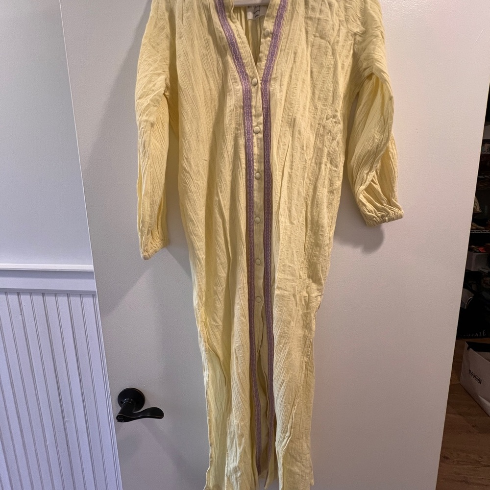 Pitusa Light Yellow Gauze Button-Front Maxi Dress with Lilac Trim - petite (0-6)